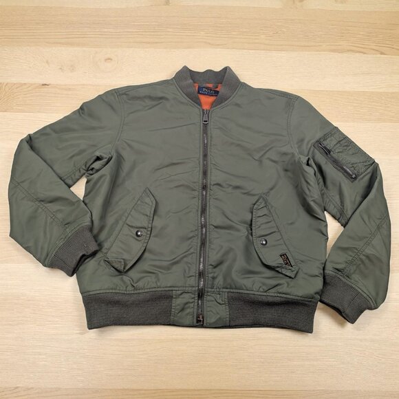 Polo Ralph Lauren Bomber Jacket Mens M MA-1 Flight Olive Green Orange Lining - Picture 1 of 14